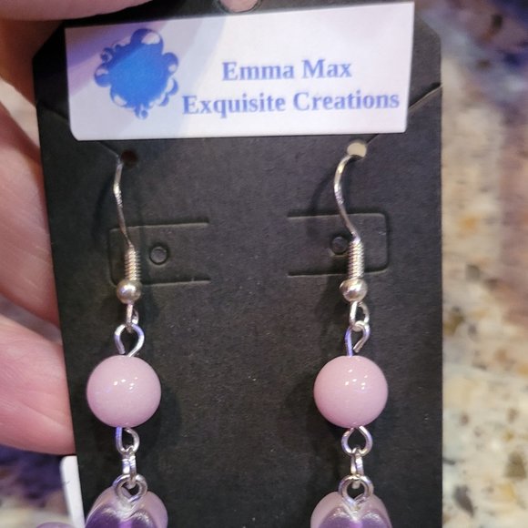 Flower Earrings Purple Color with purple glass bead - Picture 2 of 4